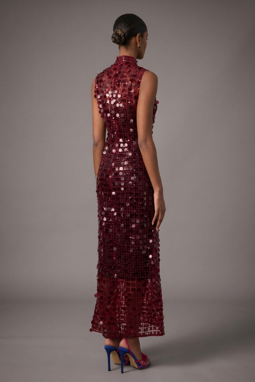 Burgundy Sequin High Neck Maxi Dress R2512HB014