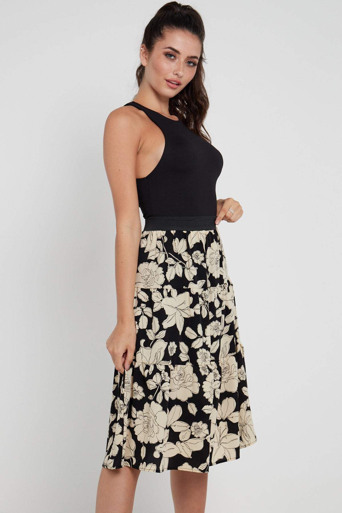 Black Floral Printed Tiered Midi Skirt LS-2148-P4