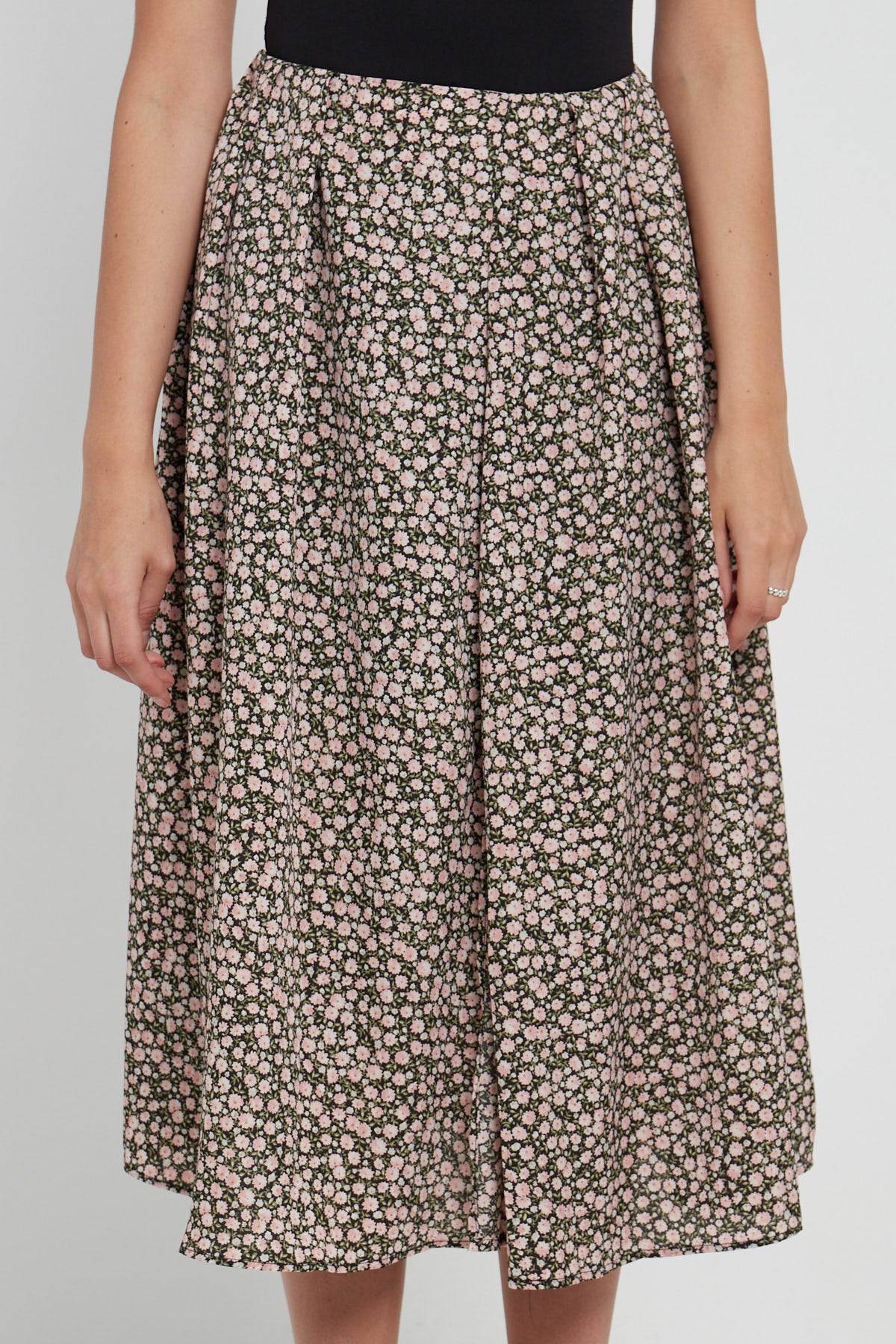Ditsy Floral Printed Side Slit Pleated Midi Skirt LS-2145-Q1