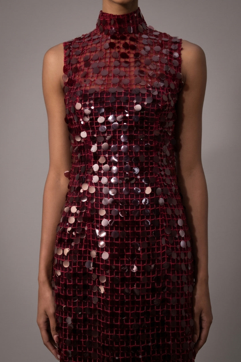 Burgundy Sequin High Neck Maxi Dress R2512HB014
