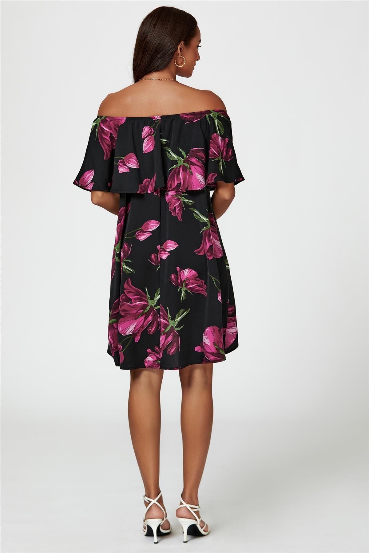 Pink Floral Print Bardot Frill Off Shoulder Mini Dress In Black FS21179-PinkFloral