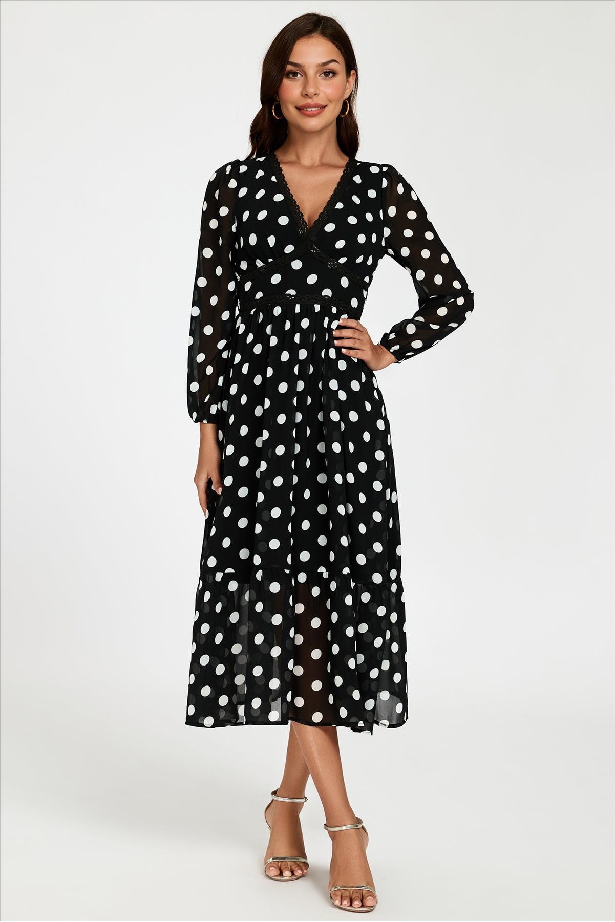Dot Print Lace Trim Long Sleeve Maxi Dress In Black FS565-BWP
