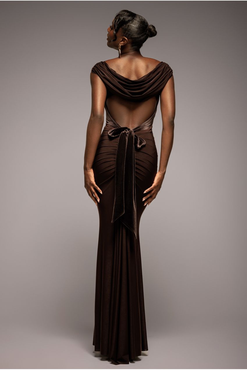Open Back Cowl Neck Gathered Maxi Dress With Velvet Tie Back - Brown DR4856