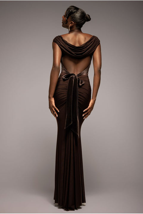 Open Back Cowl Neck Gathered Maxi Dress With Velvet Tie Back - Brown by Goddiva