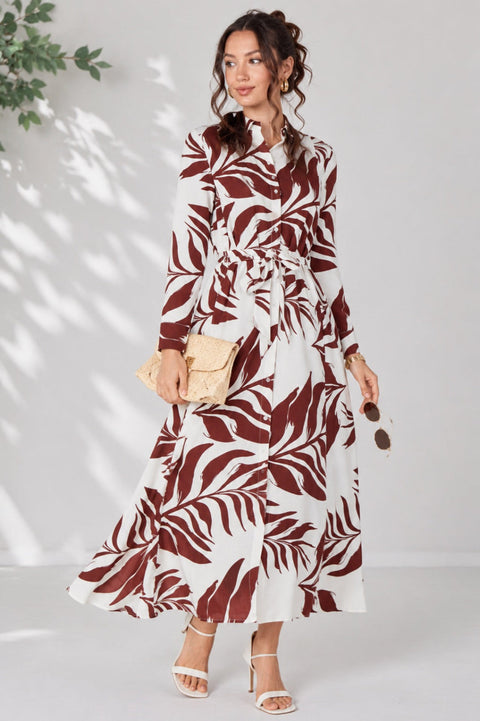 Rust Palm Print Belted Maxi Shirt Dress by LOVE SUNSHINE