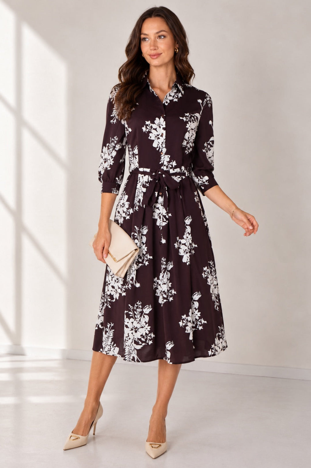 Brown Ivory Bouquet Print Belted Midi Shirt Dress LS-2045-D27-8