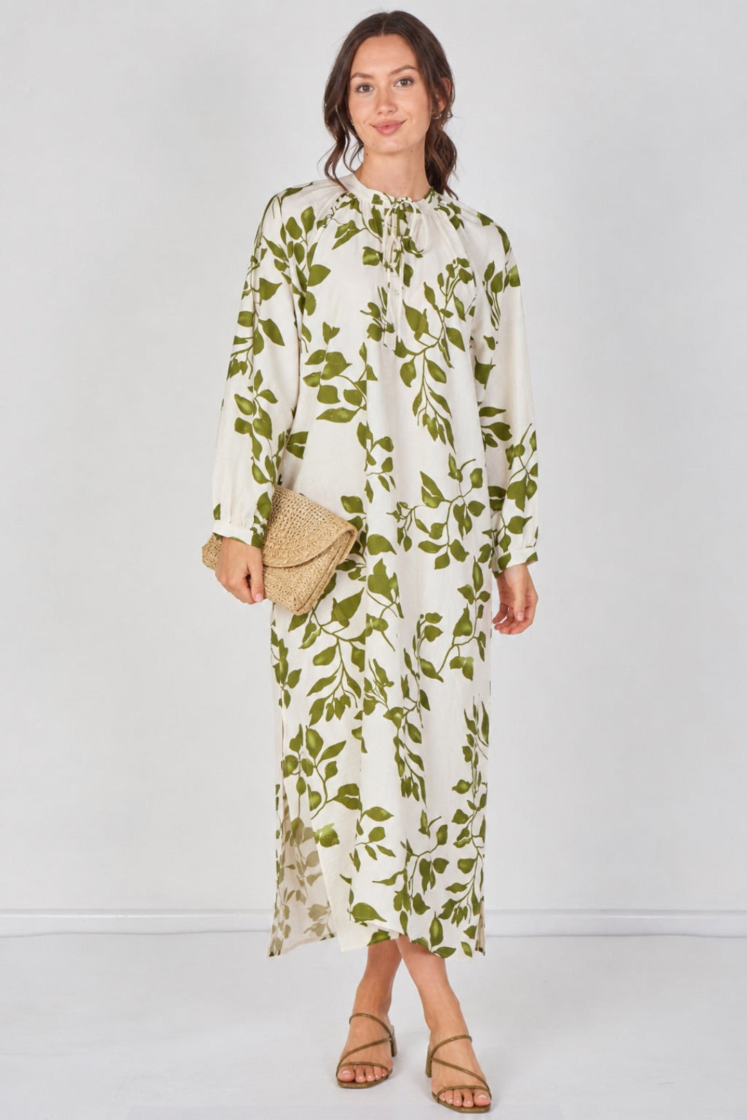 Ivory And Olive Leaf Print Maxi Dress LS-2457-QB3
