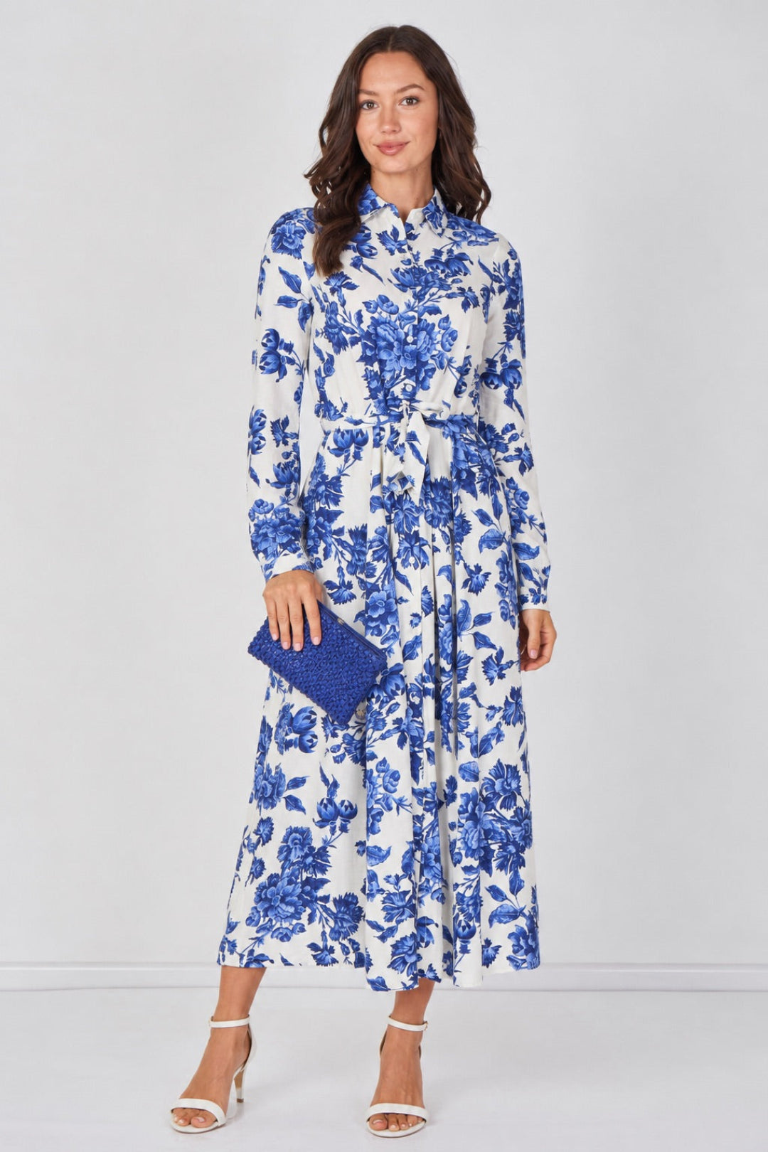 Blue Porcelain Floral Printed Belted Maxi Shirt Dress LS-2037P-C211