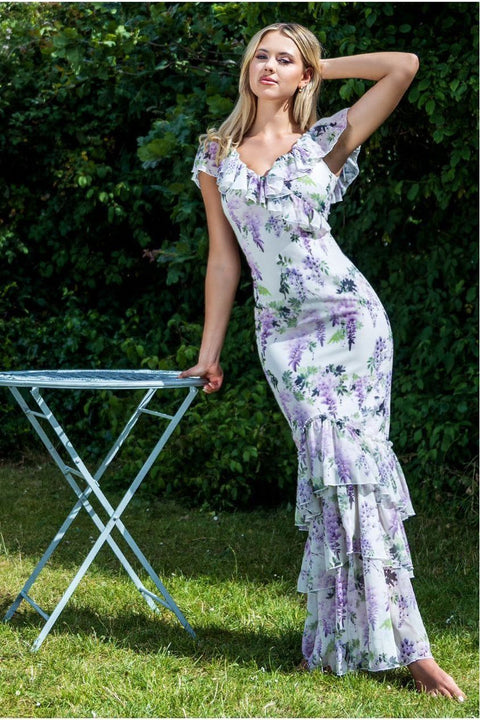 Printed Ruffle Neck & Hem Dress - Multi by Goddiva