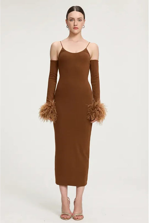 Feather-Cuffed Knit Midi Dress by Skye&Iris