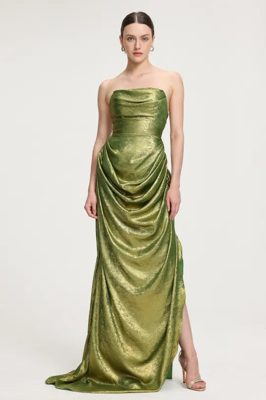 Draped Metallic Strapless Maxi Dress D241201628