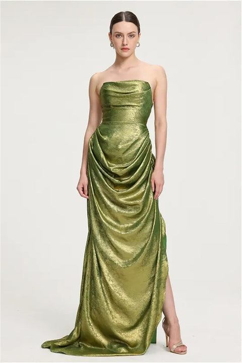 Draped Metallic Strapless Maxi Dress by Skye&Iris