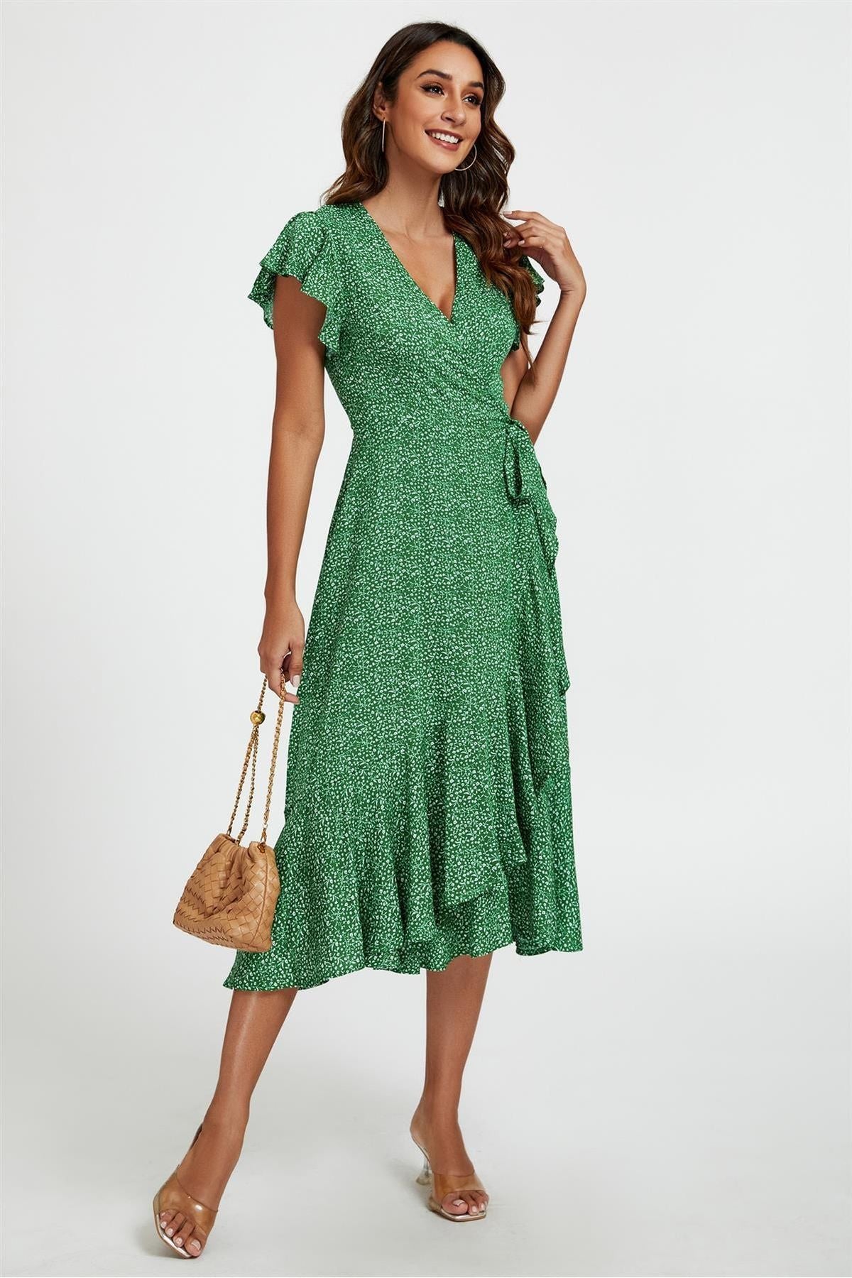Little Floral Frill Sleeve Midi Wrap Dress In Green FS411-GreenWhite
