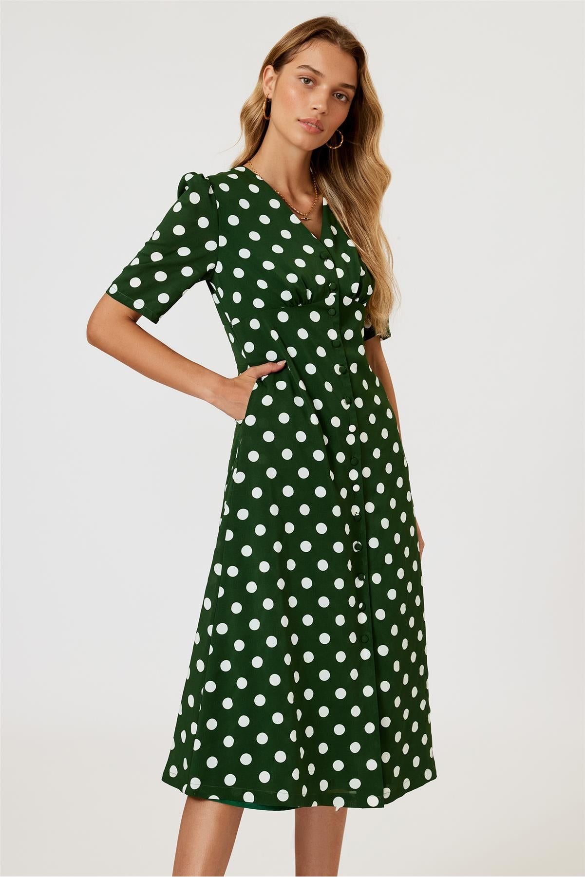 Polka Dot Print Button Front Midi Dress In Green FS884