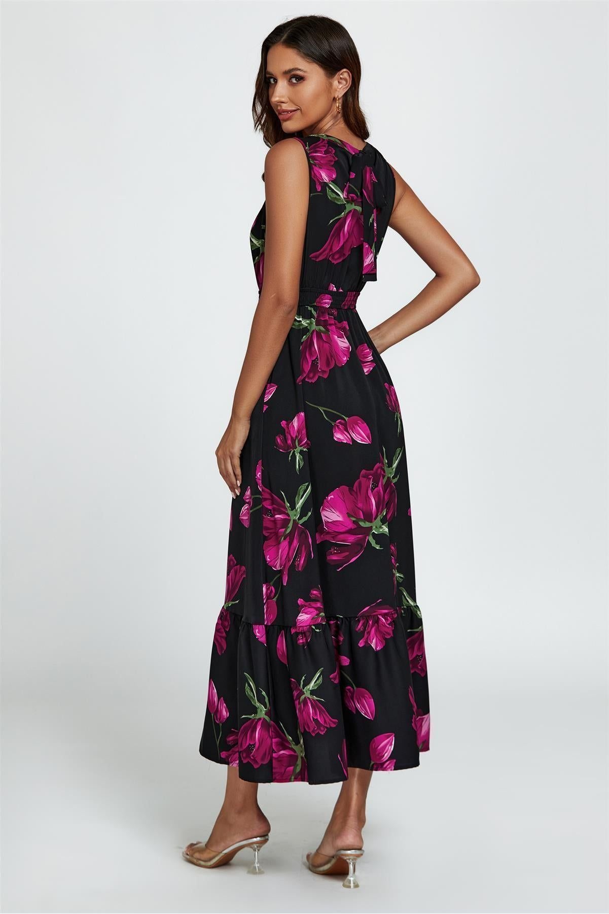 Floral Print Halterneck Maxi Dress In Black FS812-BM