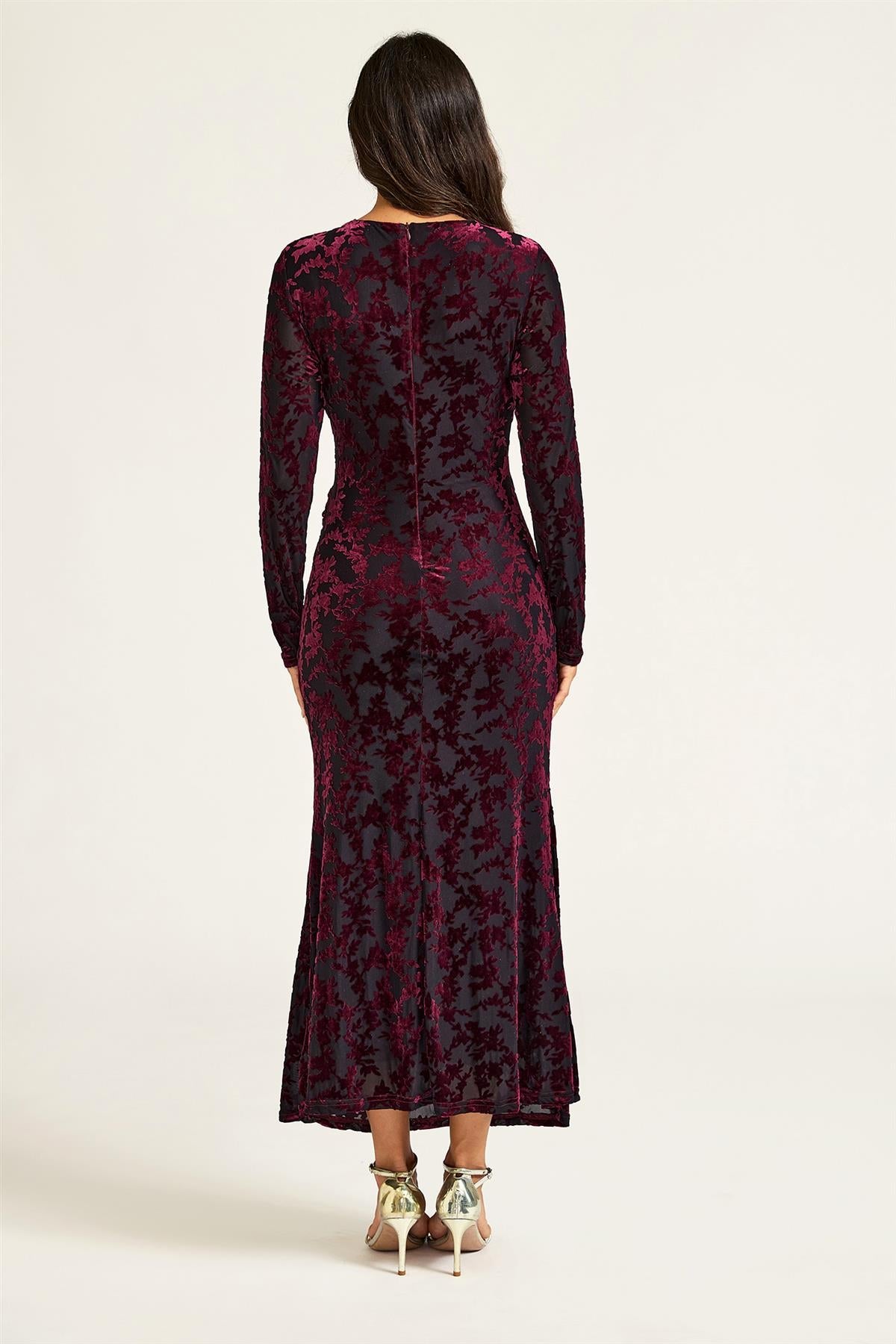 Wine Floral Velvet Devore Long Sleeve Wrap Midi Dress In Black FS902
