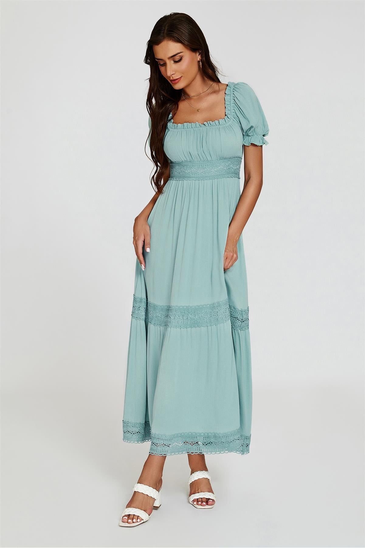 Lace Detail Bardot Maxi Dress In Blue FS829-BLC