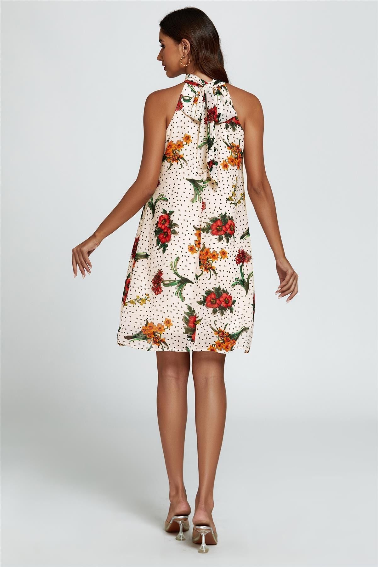 Floral Print Halter Neck Tie Back Mini Dress In Off White FS455