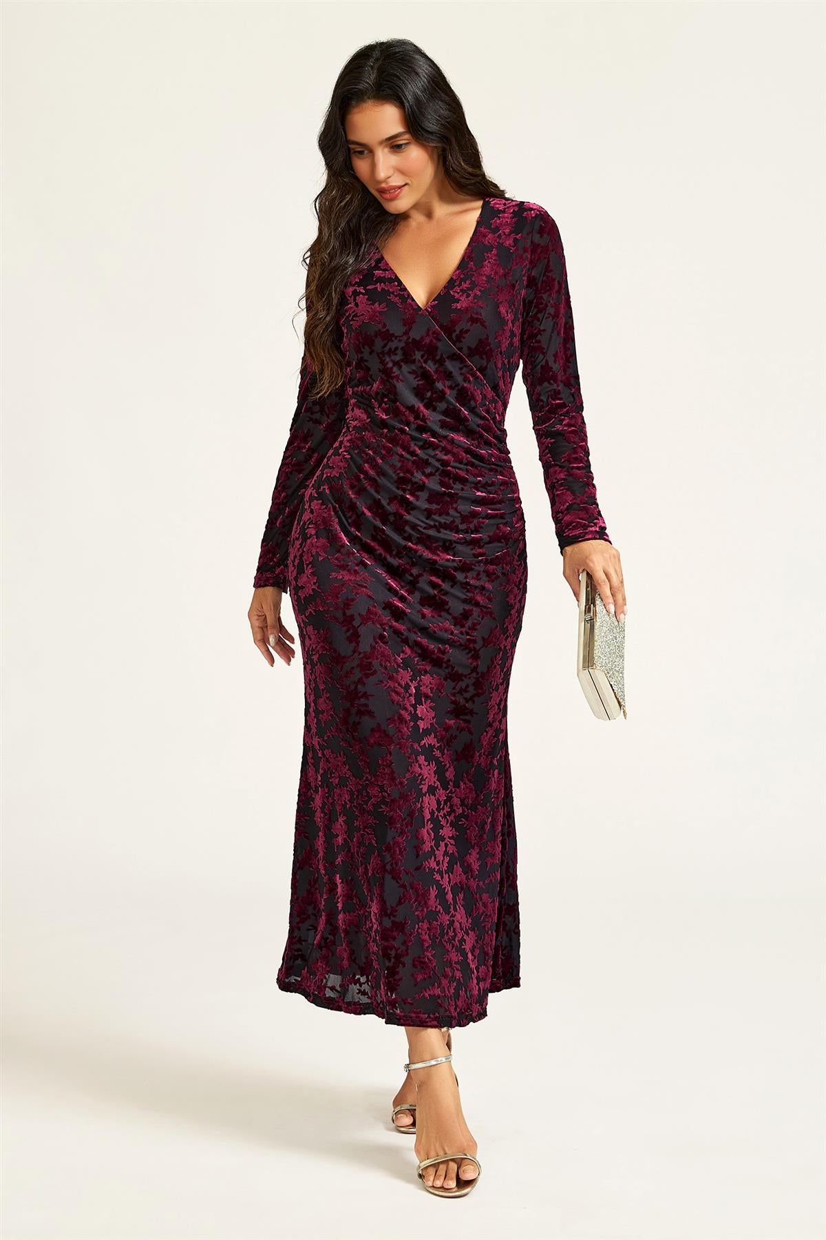 Wine Floral Velvet Devore Long Sleeve Wrap Midi Dress In Black FS902