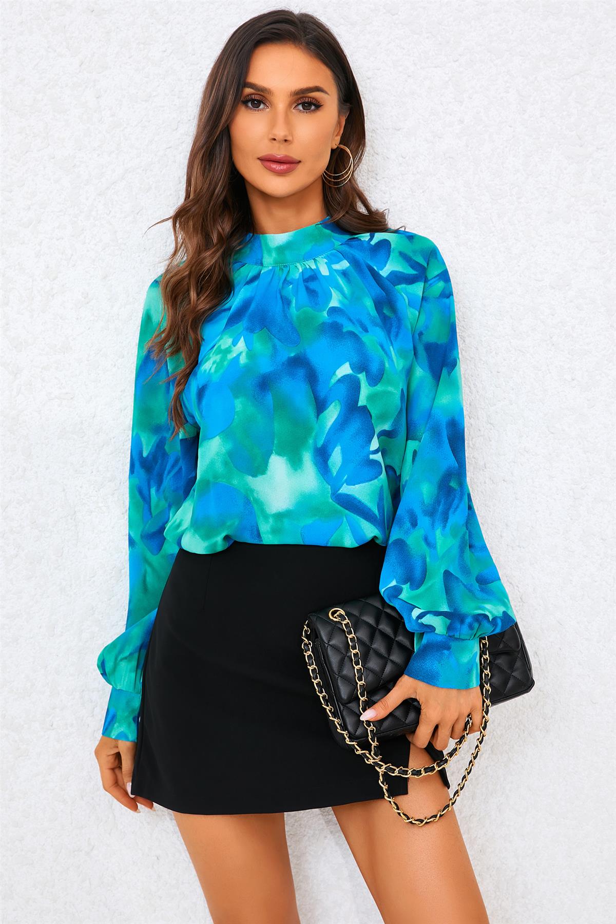 Abstract Floral Print Halter Neck Blouse Top In Blue FS487-BlueFloral