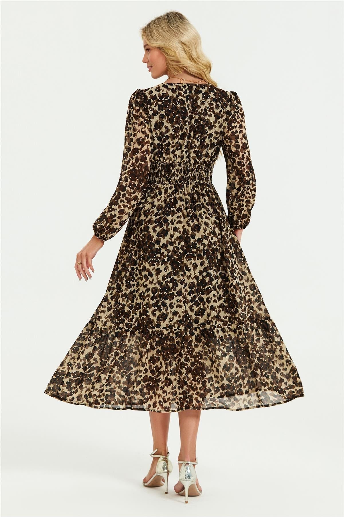 Leopard Print Foil Lace Trim Long Sleeve Maxi Dress In Brown FS565-LLFB
