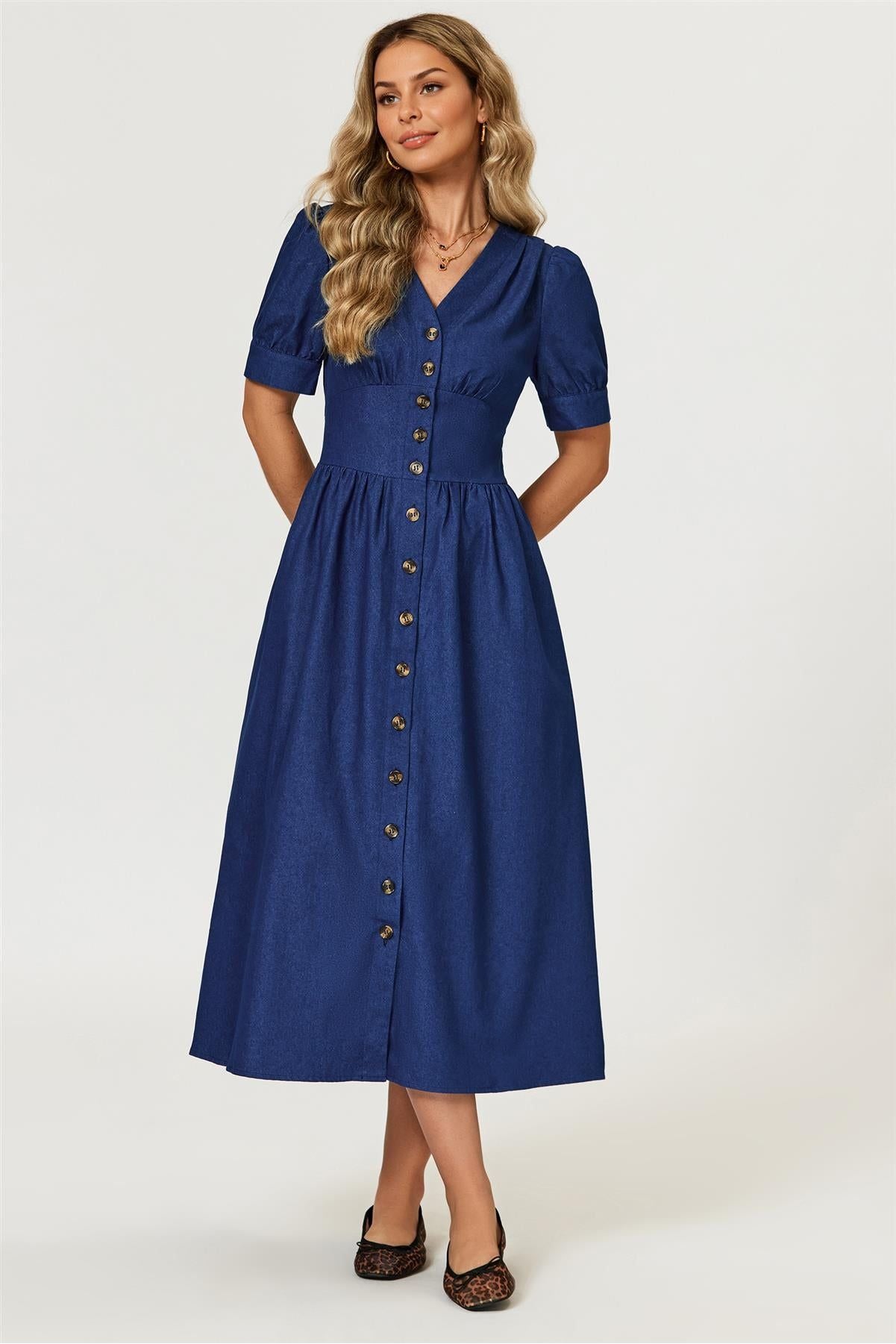 Denim Midi Dress In Blue FS873-Blue