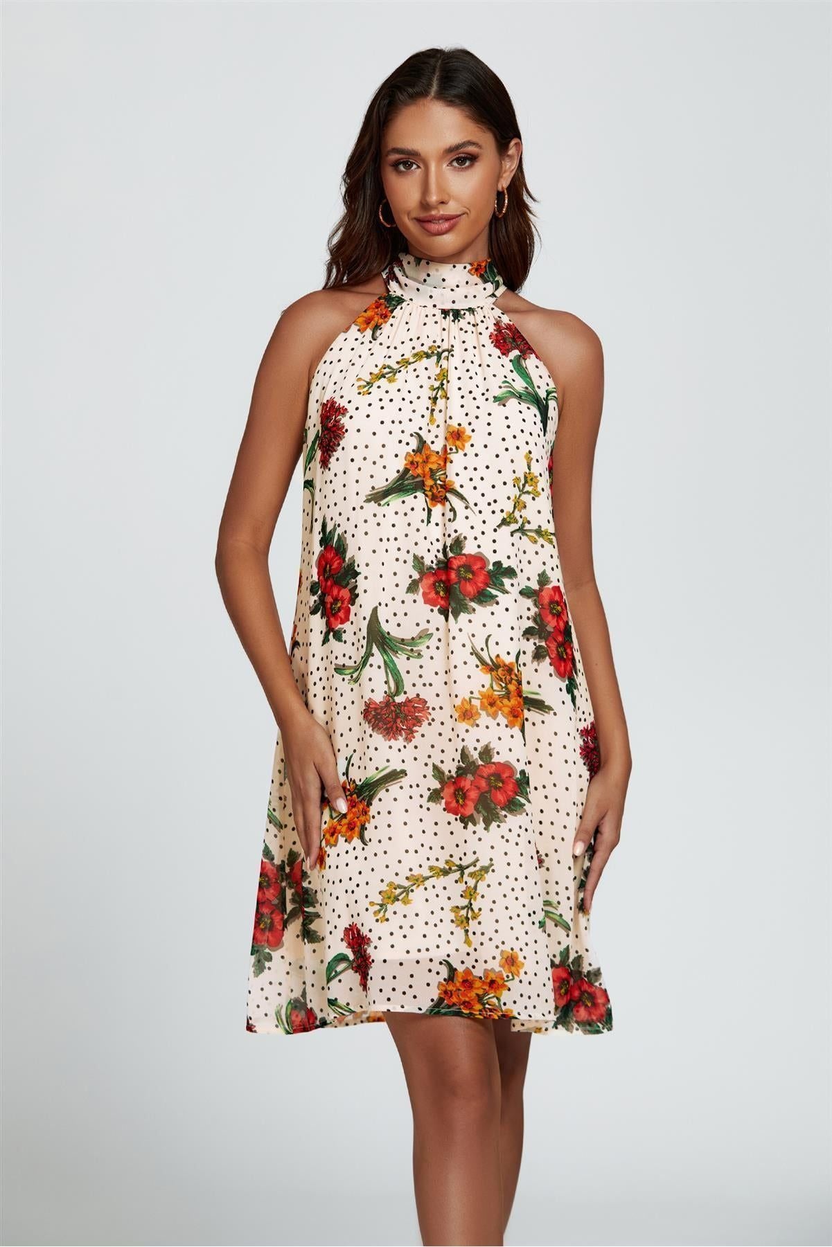 Floral Print Halter Neck Tie Back Mini Dress In Off White FS455