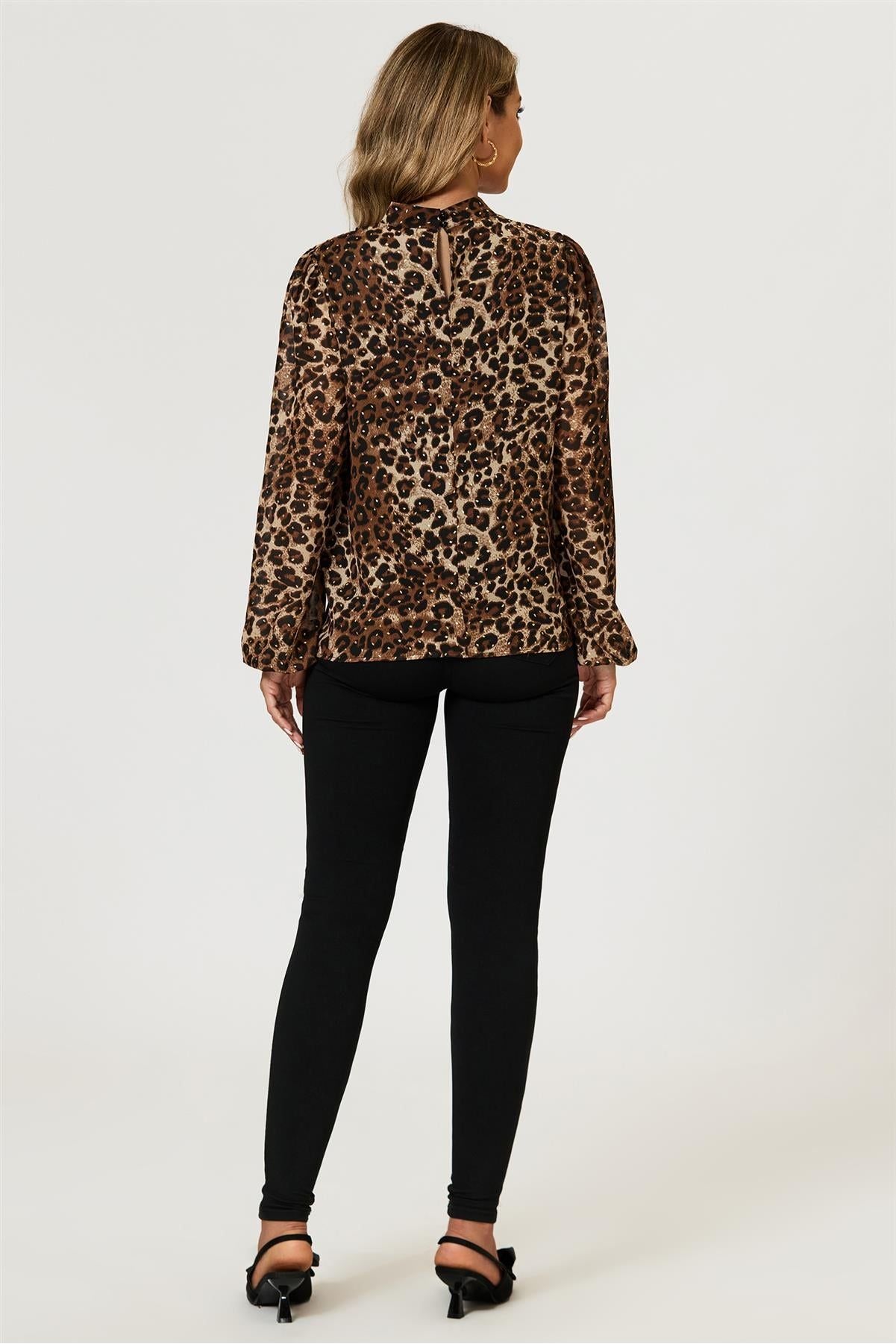 Leopard Print Foil Long Sleeve High Neck Top In Brown FS628-LPF