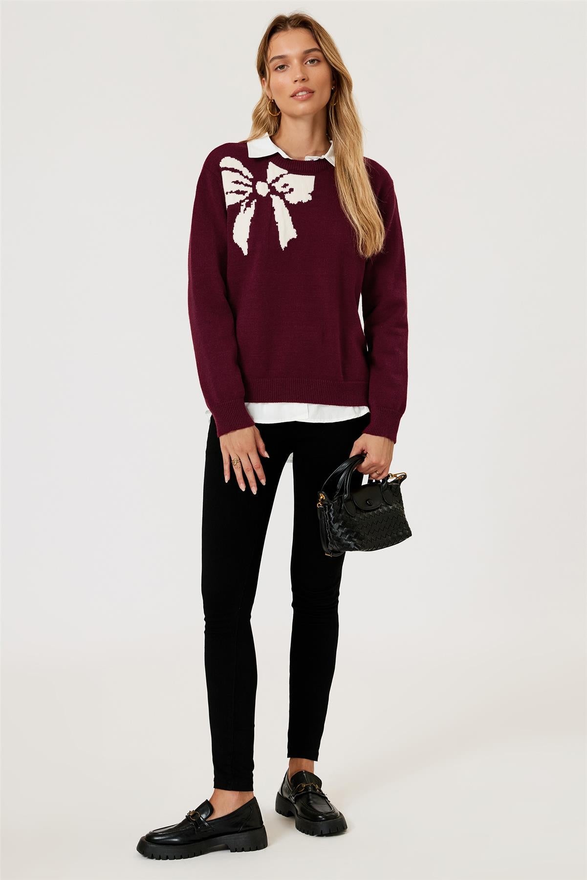Bowknot Pattern On Shoulder Knit Jumper Top In Wine FS892