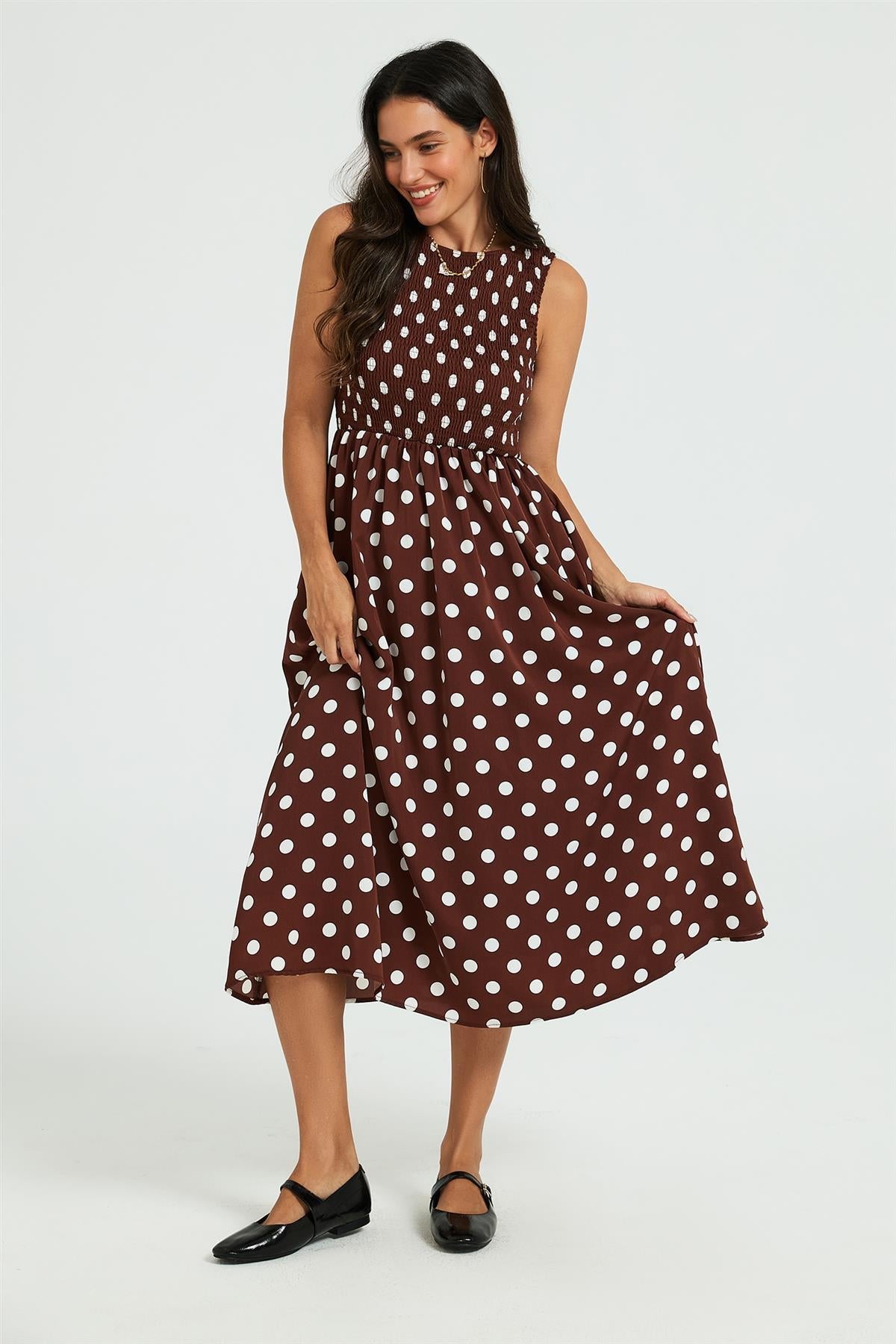 Dot Print Tie Back Sleeveless Shirred Top Midi Dress Brown FS960