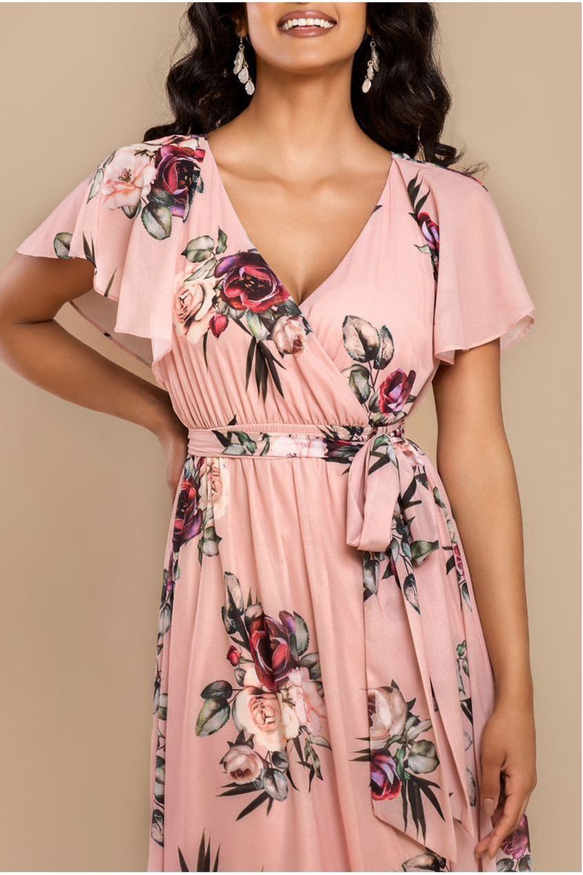 Sustainable Floral Print Midi Wrap Dress With Flutter Sleeves - Peach DR1641BBS