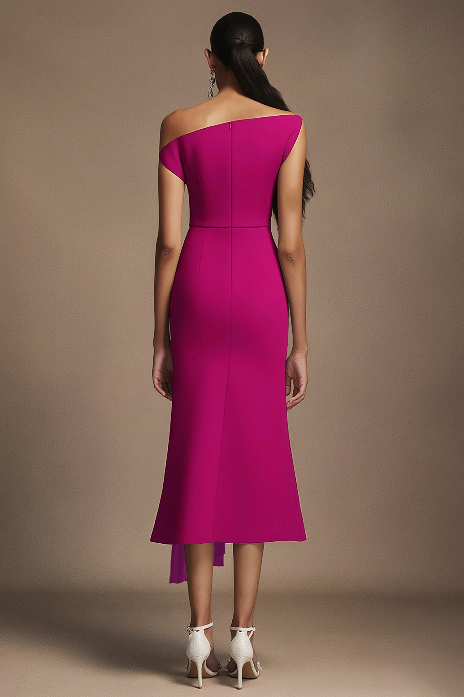 Paulina Oblique Shoulder Sleeveless Folds RosePink Midi Dress C250300341