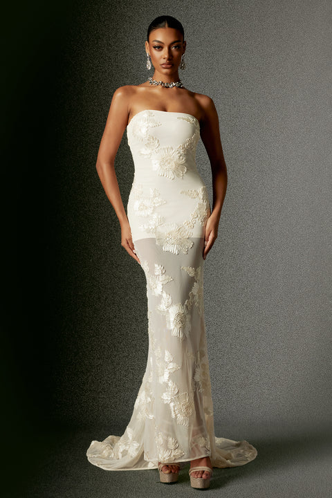 Deliyn Strapless Embroidery Flower Mesh Maxi Dress by Bella Barnett