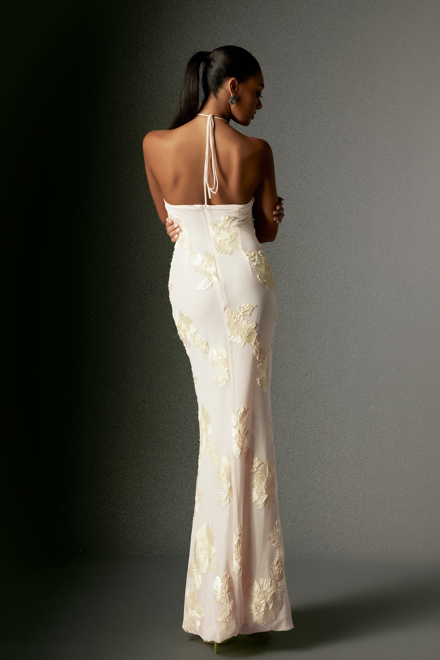 Griselda Flower Halter Embroidery Maxi Dress - White D240801140