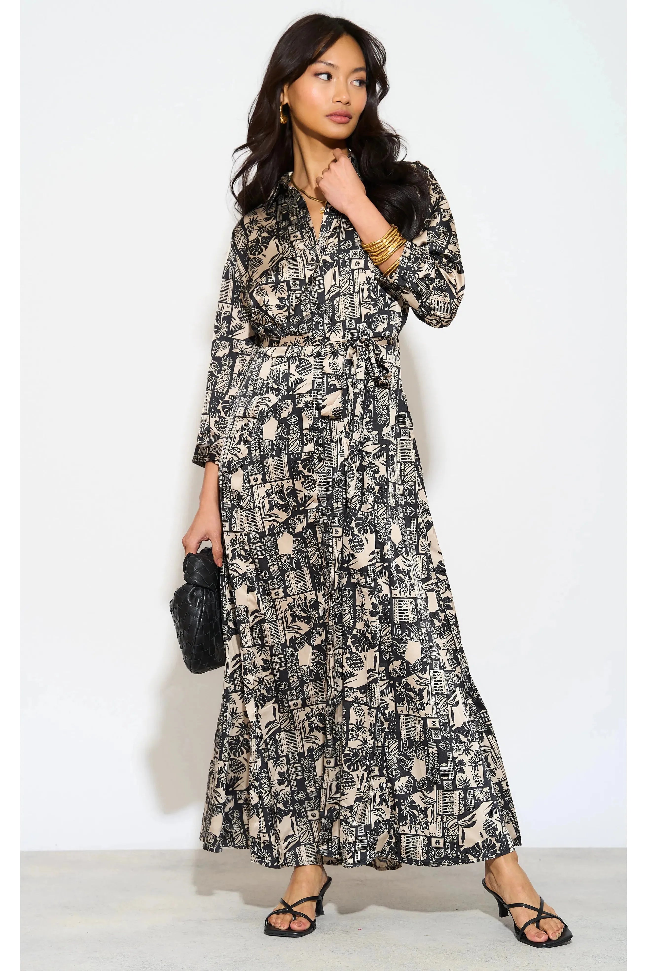 Mono Mixed Scarf Print Satin Maxi Shirt Dress LS-2280-C9