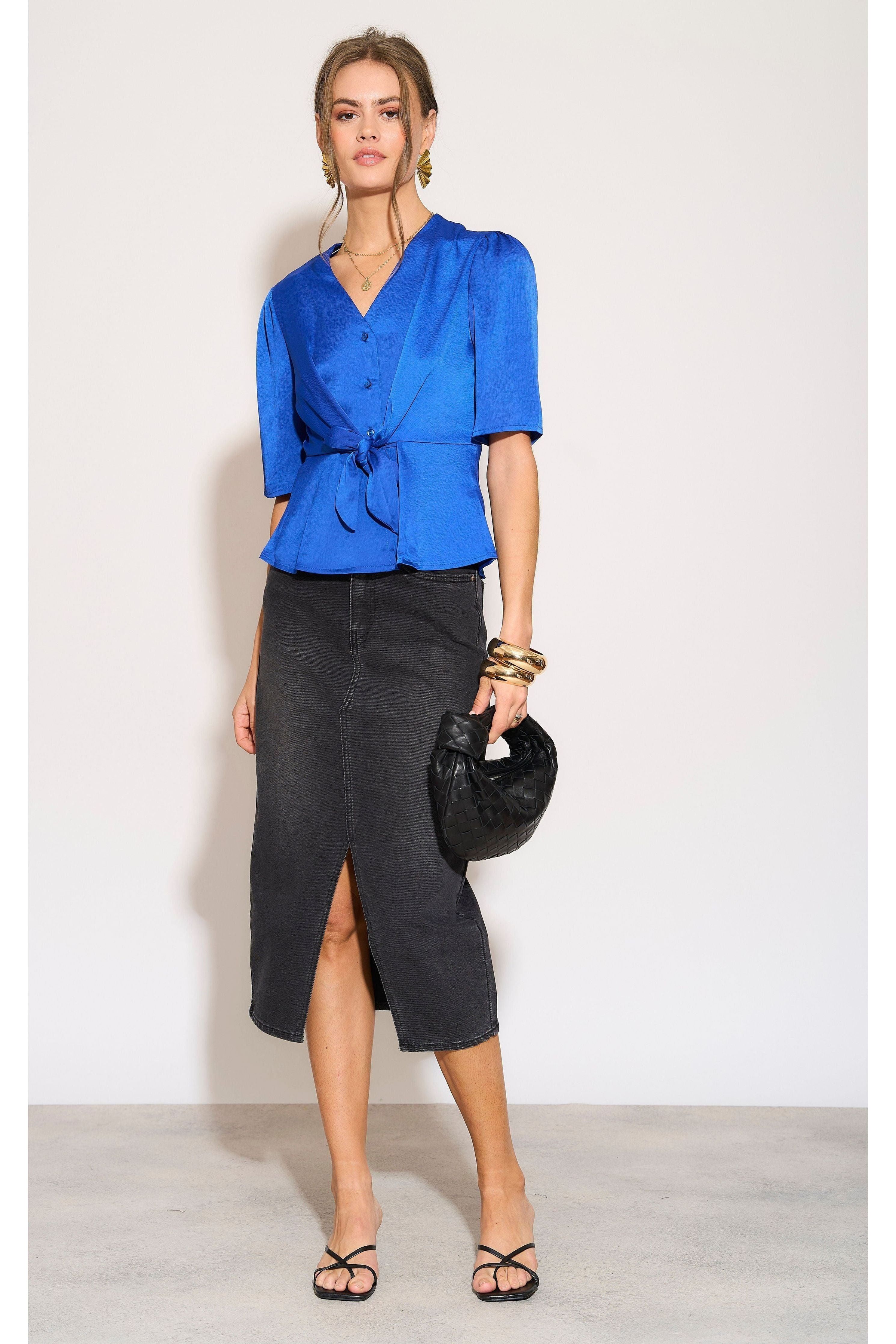 Royal Blue Short Sleeve Knotted Crepe Satin Top LS-2151-8078-31