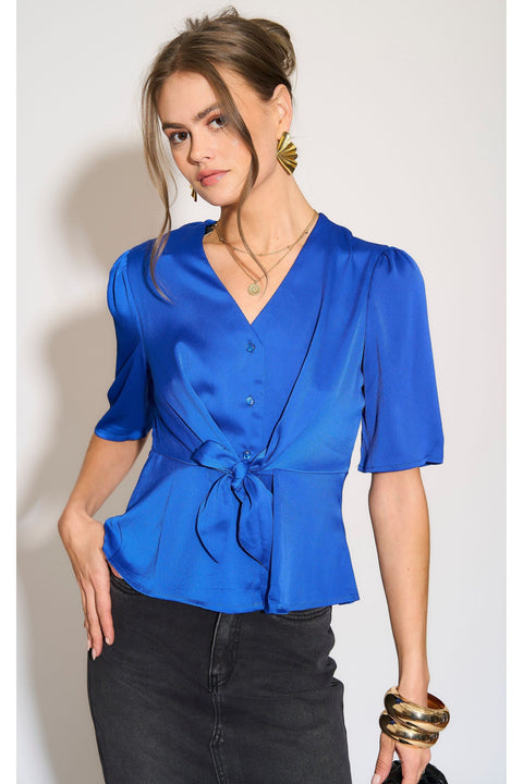 Royal Blue Short Sleeve Knotted Crepe Satin Top by LOVE SUNSHINE