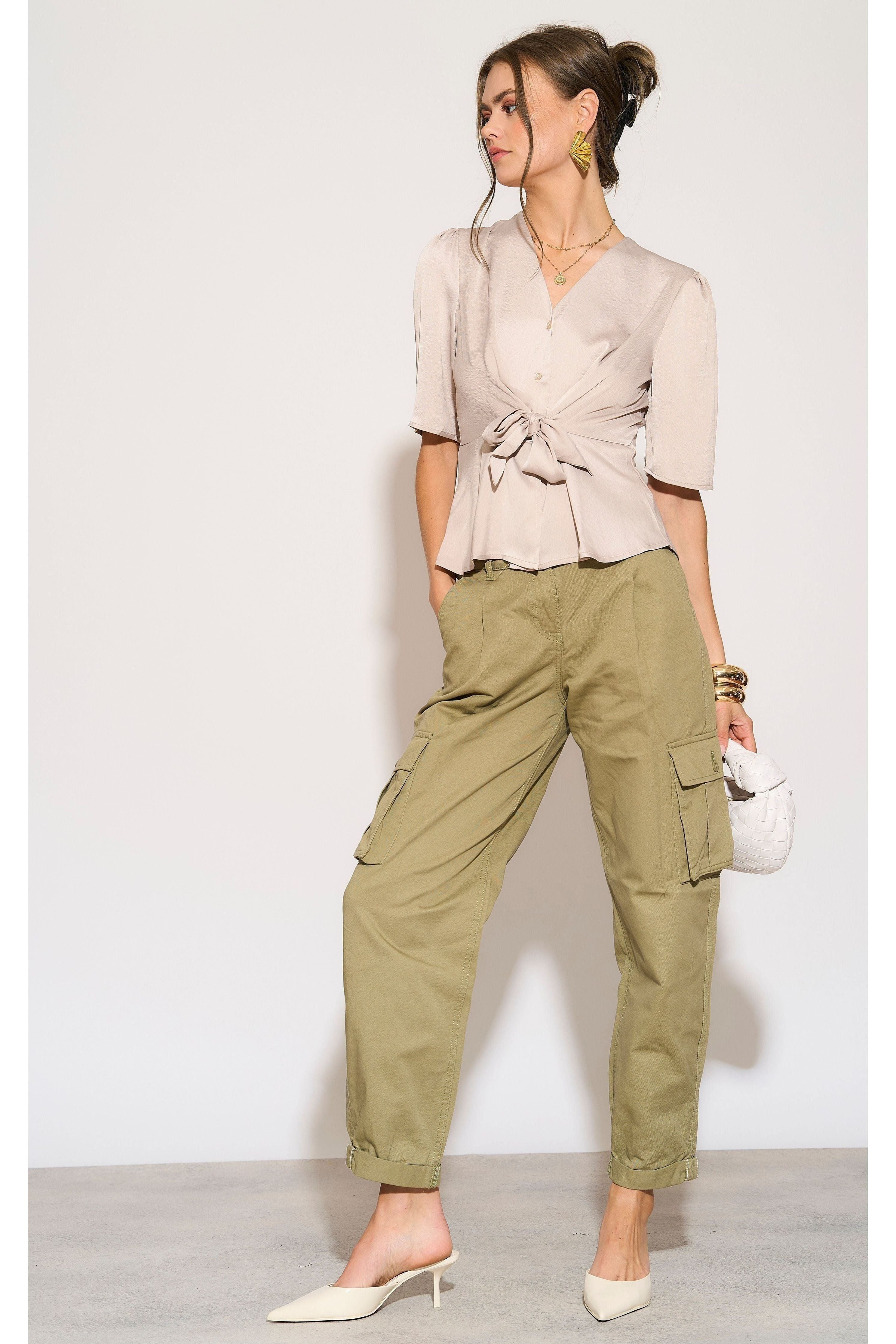 Beige Short Sleeve Knotted Crepe Satin Top LS-2151-8078-17