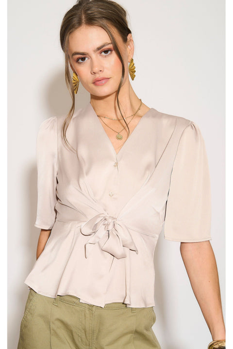 Beige Short Sleeve Knotted Crepe Satin Top by LOVE SUNSHINE