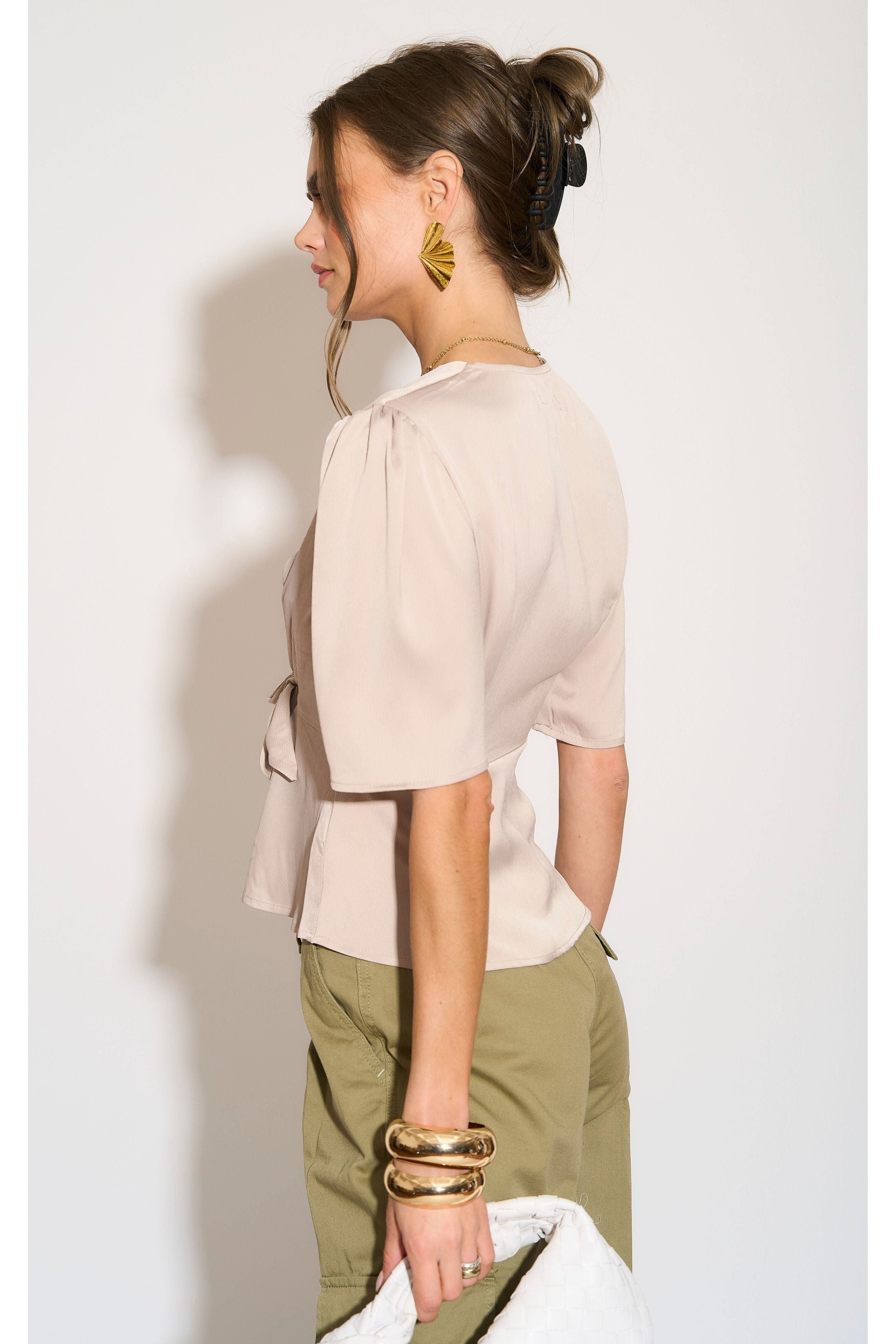 Beige Short Sleeve Knotted Crepe Satin Top LS-2151-8078-17