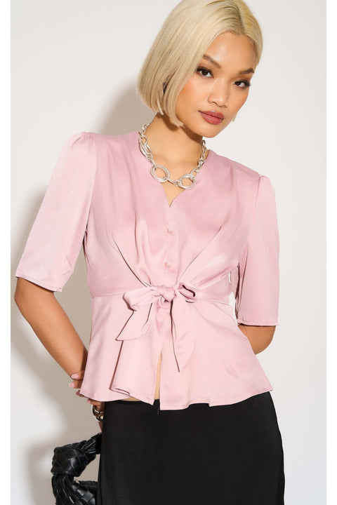 Pink Short Sleeve Knotted Crepe Satin Top by LOVE SUNSHINE