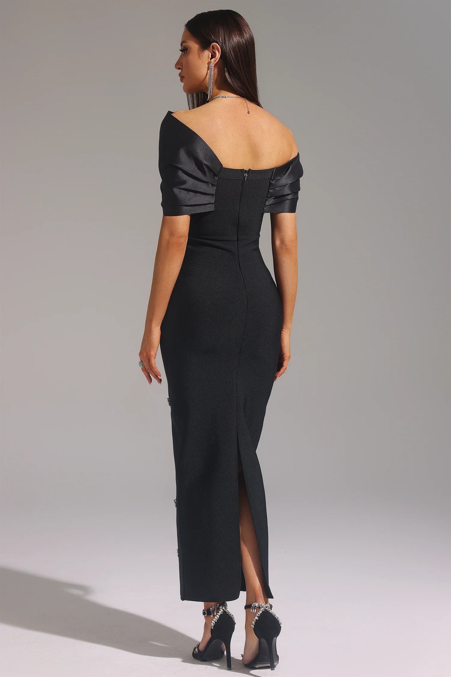 Palez Sleeveless One Shoulder Diamond Bow Bandage Maxi Dress D250101317