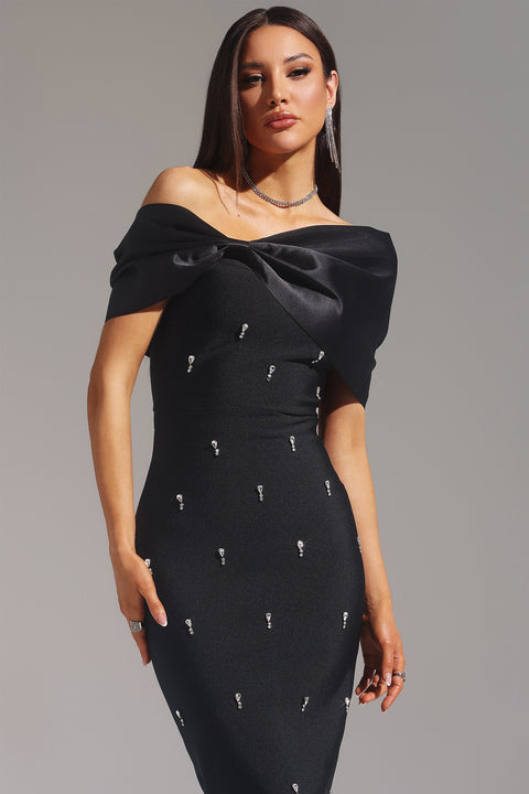 Palez Sleeveless One Shoulder Diamond Bow Bandage Maxi Dress by Bella Barnett