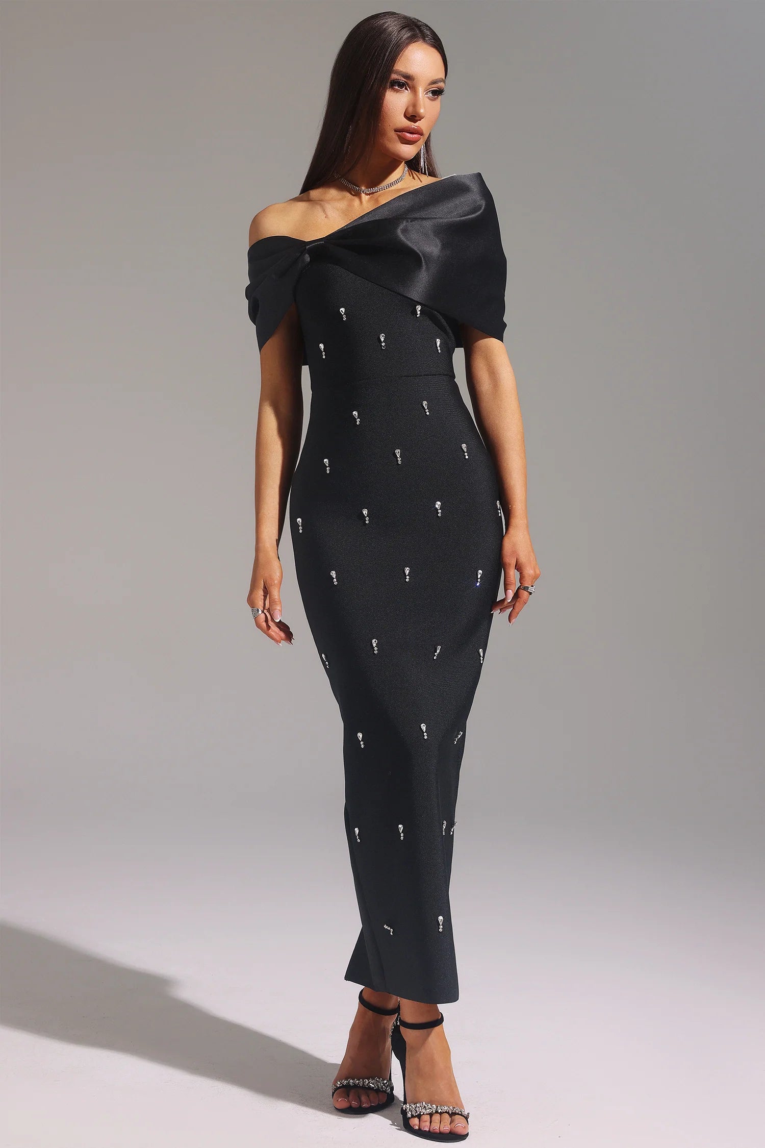 Palez Sleeveless One Shoulder Diamond Bow Bandage Maxi Dress D250101317