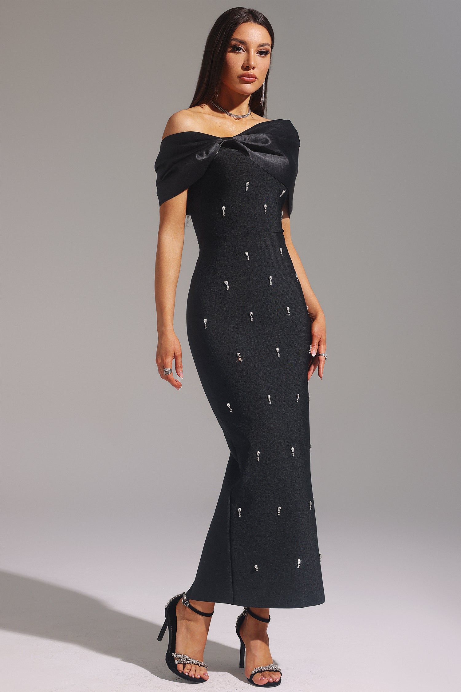 Palez Sleeveless One Shoulder Diamond Bow Bandage Maxi Dress D250101317