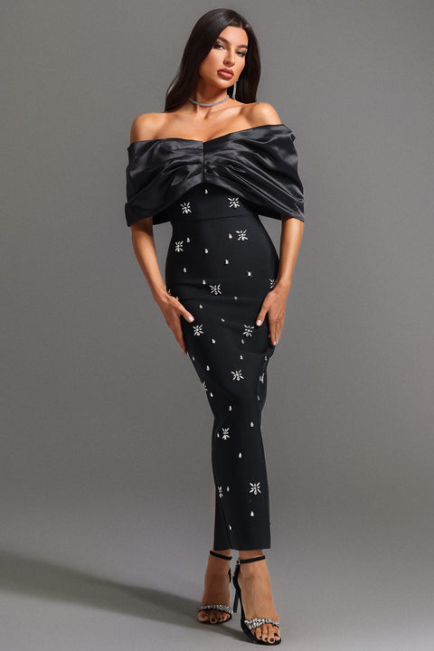Soloma Off-the-Shoulder Diamond Maxi Dress by Bella Barnett