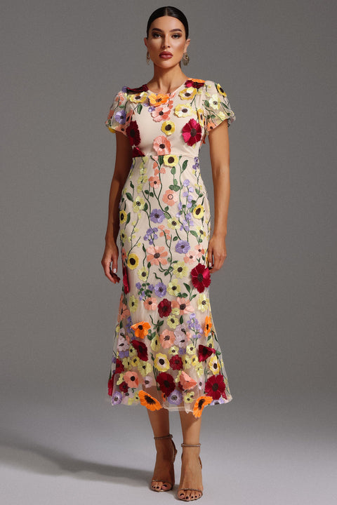 Naya Short Sleeve Round Neck Flowers Fishtail Midi Dress by Bella Barnett
