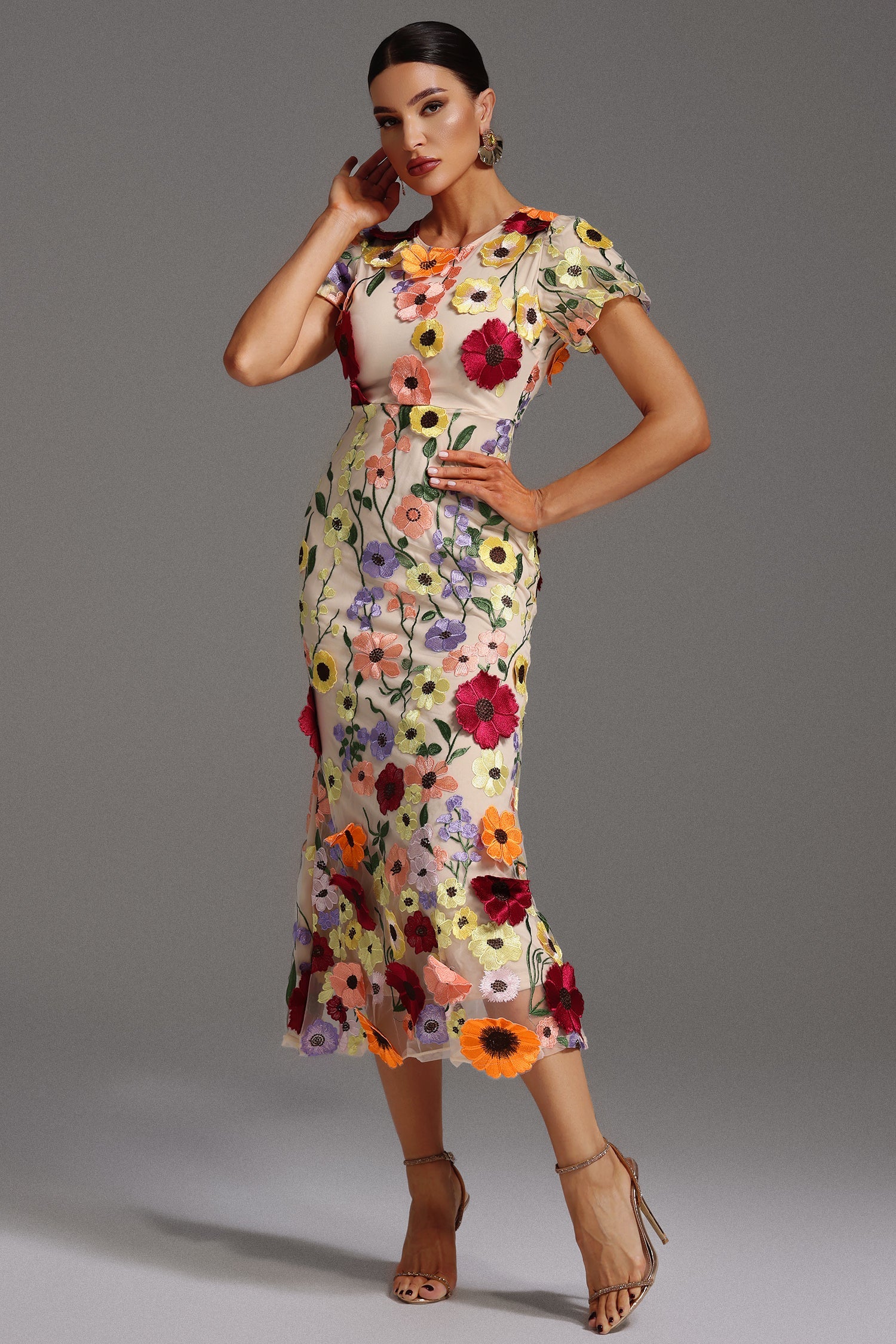 Naya Short Sleeve Round Neck Flowers Fishtail Midi Dress D250201657-FLORAL