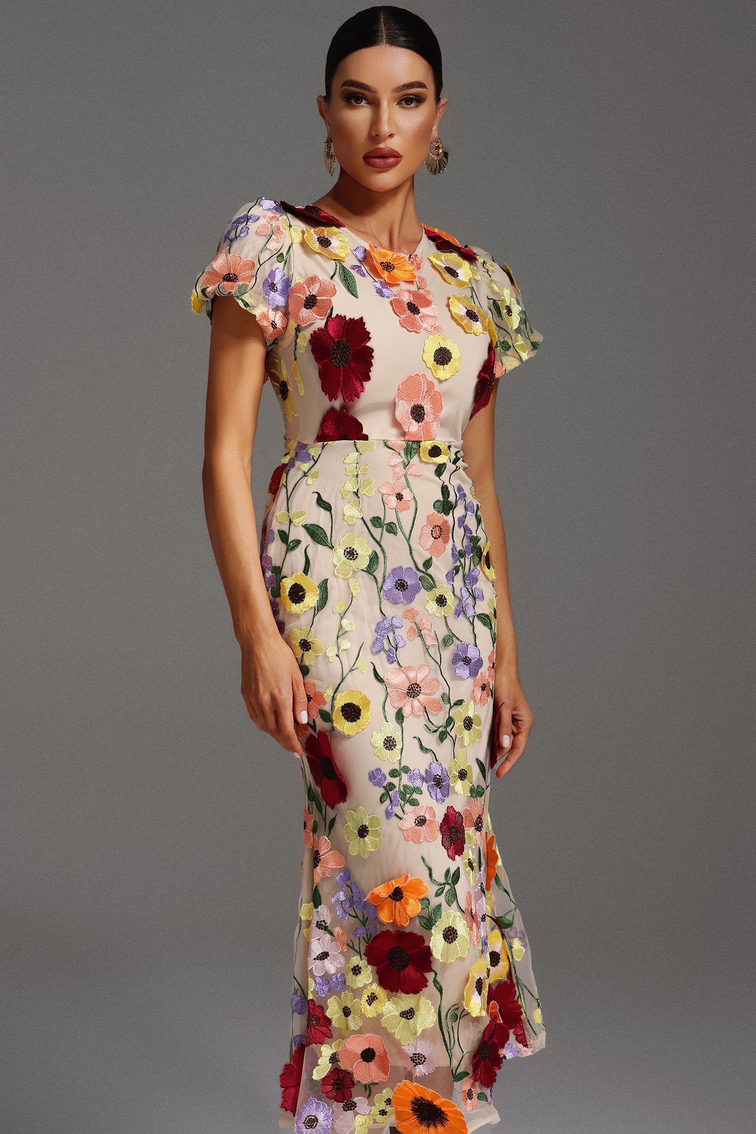 Naya Short Sleeve Round Neck Flowers Fishtail Midi Dress D250201657-FLORAL