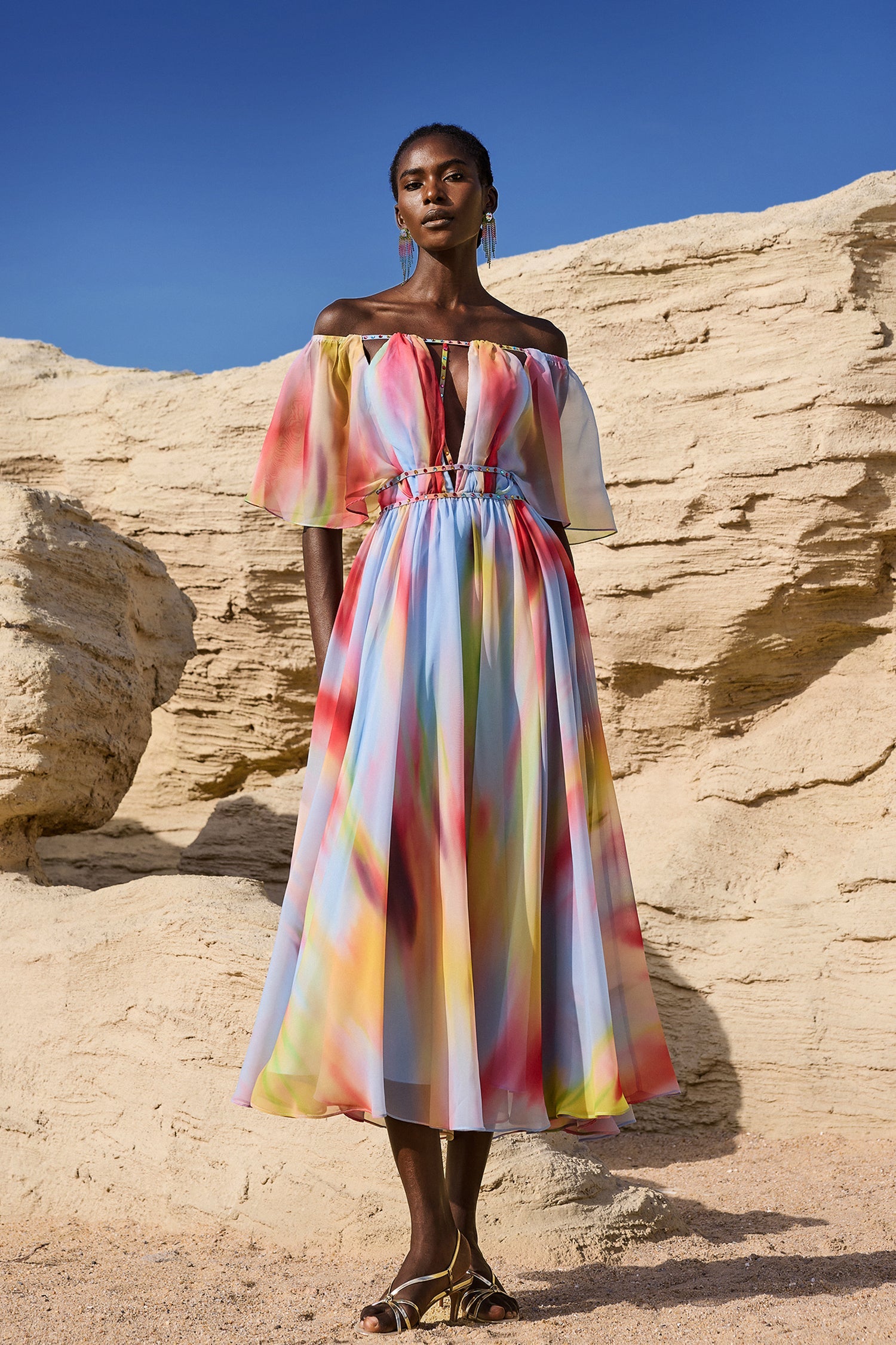 Zaysha Off-The-Shoulder Hollow Out Printing Midi Dress D250303601